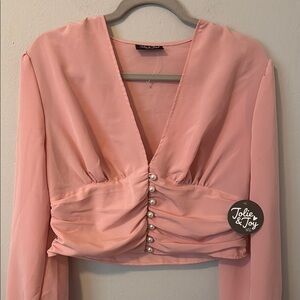 Pink V-Neck Buttoned Women's Top